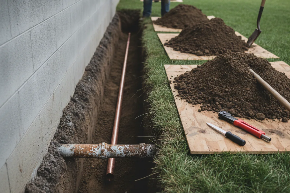 Excavated water line trench during Water Softener Installation in Boling